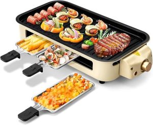Churrasqueira Elétrica Multifuncional e Grill Raclette com Grelha, Chapa Antiaderente e Mini Bandejas