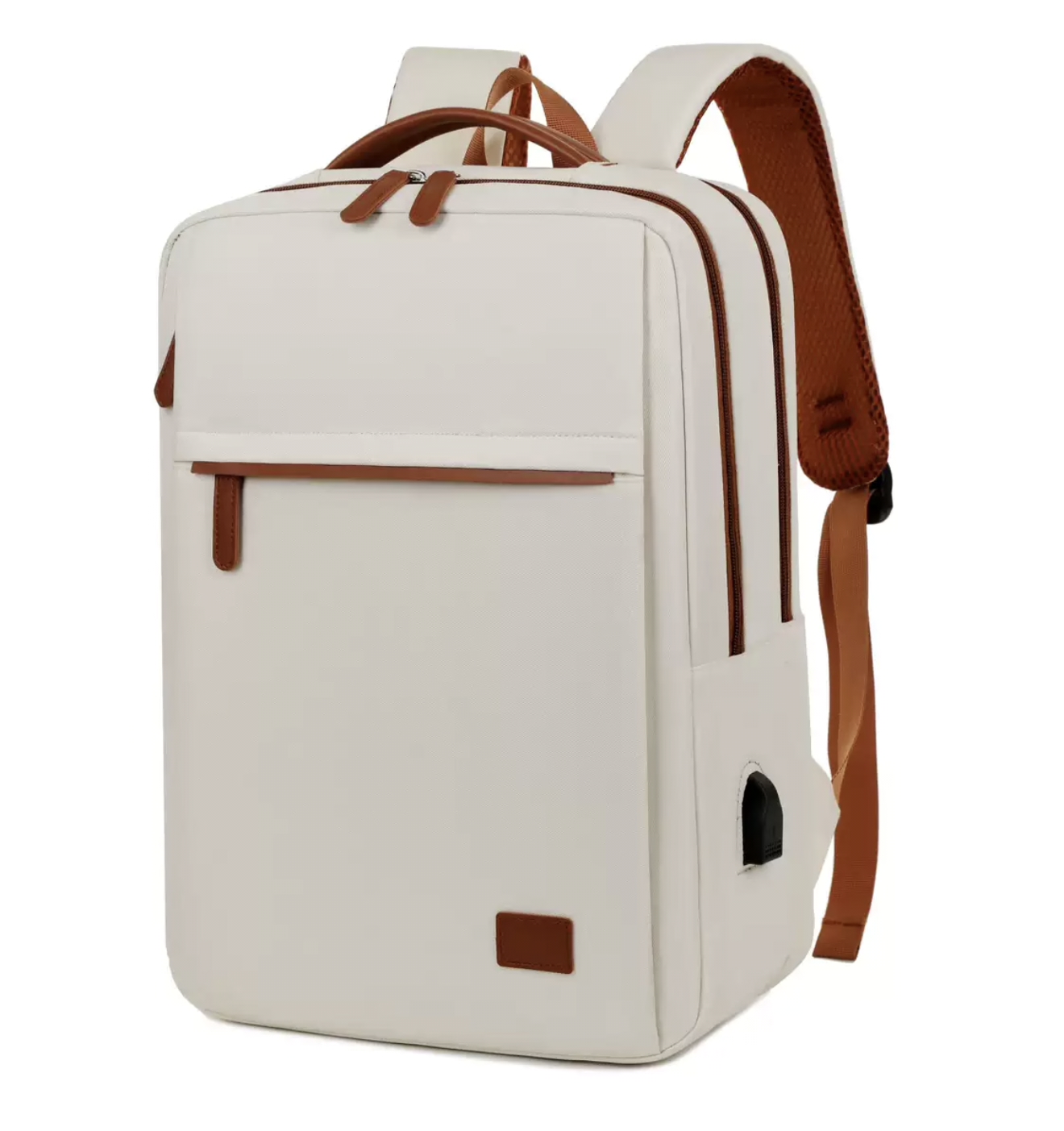 Mochila Feminina e Masculina Executiva Minimalista para Notebook com Conexão USB - Off-White e Marrom - Image 5