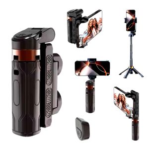 Mini Tripe Bastão de Selfie Retrátil 25cm com Controle Remoto Bluetooth e Ventosa – Rotação 360° para iOS e Android