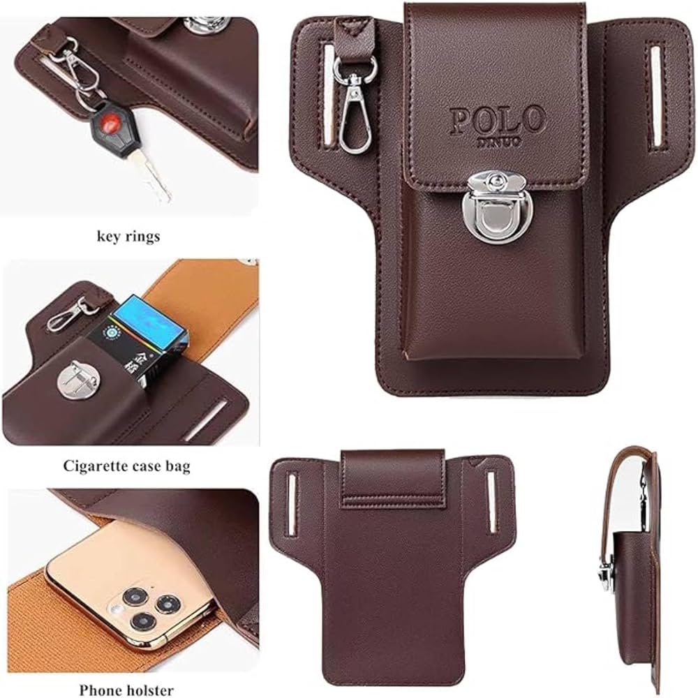 Capinha Pouch de Cinto Masculina em Couro POLO DINUO para Smartphone com Fecho Metálico - Marrom Escuro - Image 5