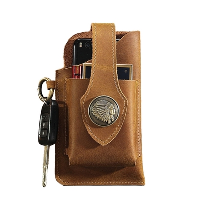 Capinha Pouch de Cinto Masculina em Couro Legítimo Vintage para Smartphone com Porta-Cartões e Chaveiro - Caramelo - Image 2