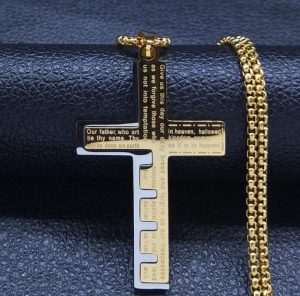 Colar com Pendente Cruz Pai Nosso em Aço Inoxidável Bicolor