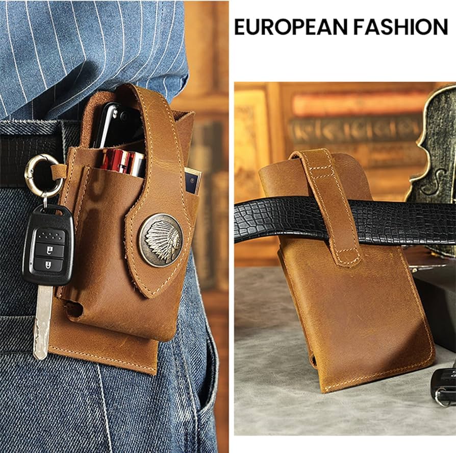 Capinha Pouch de Cinto Masculina em Couro Legítimo Vintage para Smartphone com Porta-Cartões e Chaveiro - Caramelo - Image 4