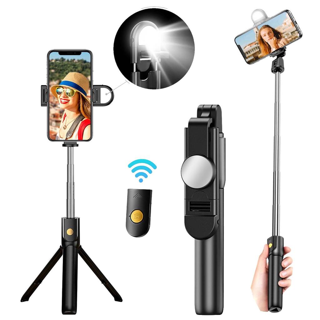 Bastão de Selfie Tripé Extensível com Luz LED Integrada e Controlo Remoto