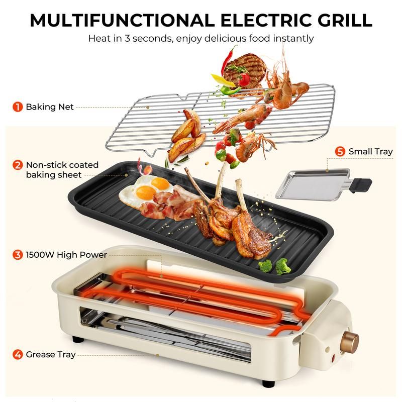 Churrasqueira Elétrica Multifuncional e Grill Raclette com Grelha, Chapa Antiaderente e Mini Bandejas - Image 3