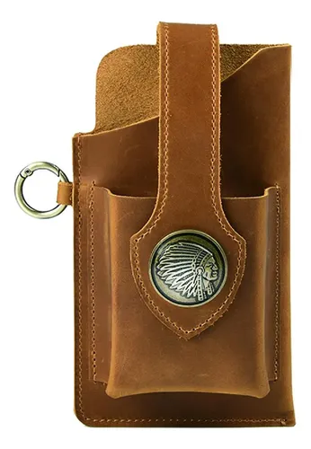 Capinha Pouch de Cinto Masculina em Couro Legítimo Vintage para Smartphone com Porta-Cartões e Chaveiro - Caramelo - Image 3