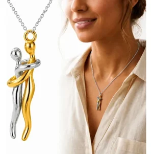 Colar Feminino/Unissex em Aço Inoxidável com Pingente Abraço Eterno Bicolor (Dourado e Prateado) – Joia Romântica de Afeto com Caixa de Presente