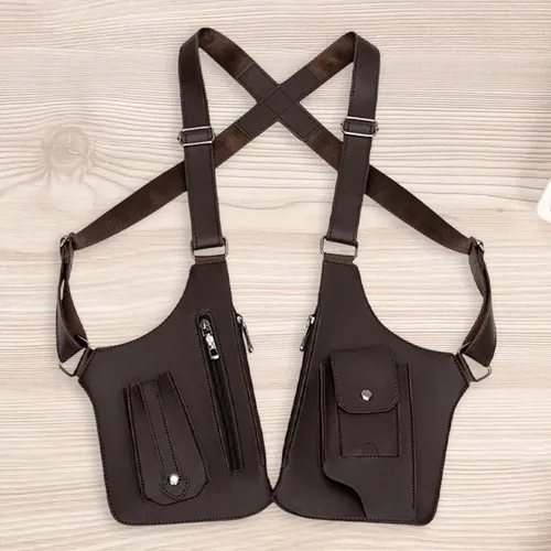 Bolsa Transversal Dupla com Coldre de Axila Masculina em Couro Antifurto - Marrom Escuro - Image 3