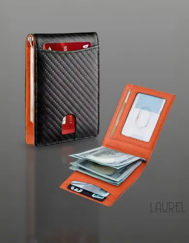 Carteira Masculina Slim Textura Fibra de Carbono com Interior Laranja e Porta-Cartões Externo - Preta - Image 7