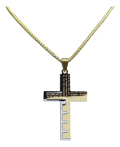 Colar com Pendente Cruz Pai Nosso em Aço Inoxidável Bicolor - Image 5