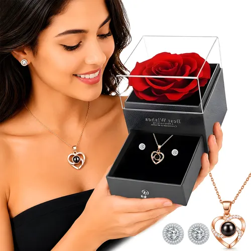 Kit Presente Romântico Luxo Caixa Porta-Joias com Rosa Real Preservada, Colar Projeção "Eu Te Amo" em 100 Idiomas e Par de Brincos Ponto de Luz - Image 2