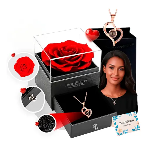Kit Presente Romântico Luxo Caixa Porta-Joias com Rosa Real Preservada, Colar Projeção "Eu Te Amo" em 100 Idiomas e Par de Brincos Ponto de Luz - Image 3