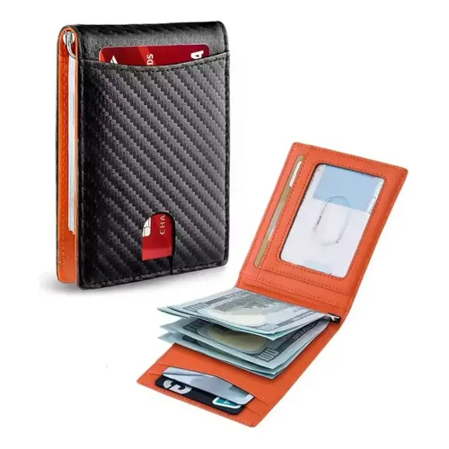 Carteira Masculina Slim Textura Fibra de Carbono com Interior Laranja e Porta-Cartões Externo - Preta - Image 6