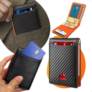 Carteira Masculina Slim Textura Fibra de Carbono com Interior Laranja e Porta-Cartões Externo - Preta