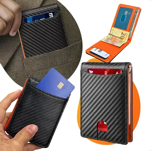 Carteira Masculina Slim Textura Fibra de Carbono com Interior Laranja e Porta-Cartões Externo - Preta