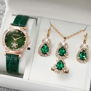 Kit Conjunto Feminino Luxo 6 Peças: Relógio Analógico com Mostrador Estelar + Colar, Pulseira, Anel e Par de Brincos em Cristal Verde Esmeralda e Zircônias