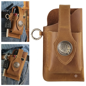 Capinha Pouch de Cinto Masculina em Couro Legítimo Vintage para Smartphone com Porta-Cartões e Chaveiro - Caramelo