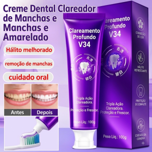 Creme Dental Clareador Roxo Correção de Cor V38 100g – Remoção de Manchas e Hálito Fresco