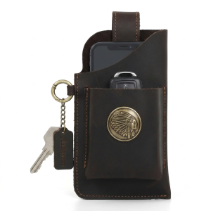 Capinha Pouch de Cinto Masculina em Couro Legítimo Vintage para Smartphone - Café / Marrom Escuro