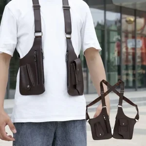 Bolsa Transversal Dupla com Coldre de Axila Masculina em Couro Antifurto - Marrom Escuro