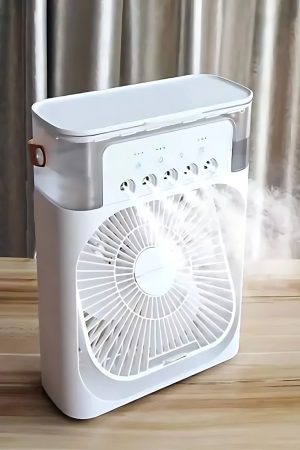 Mini Ar Condicionado e Climatizador Portátil de Mesa 3 em 1 – Com 5 Saídas de Spray, Alça de Couro e Luz LED