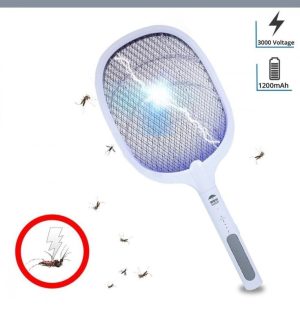 Raquete Elétrica Mata-Mosquitos Recarregável USB 2 em 1 – Com Luz UV LED Atraente e Base de Suporte
