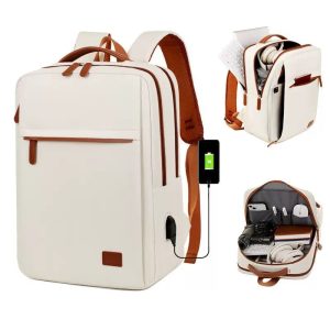 Mochila Feminina e Masculina Executiva Minimalista para Notebook com Conexão USB - Off-White e Marrom