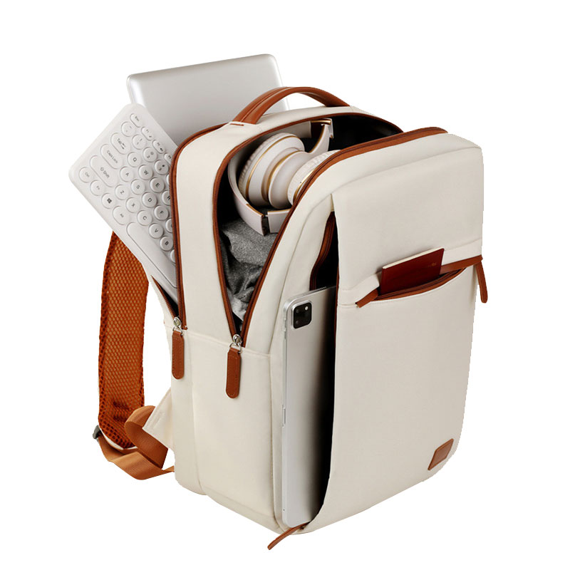 Mochila Feminina e Masculina Executiva Minimalista para Notebook com Conexão USB - Off-White e Marrom - Image 3