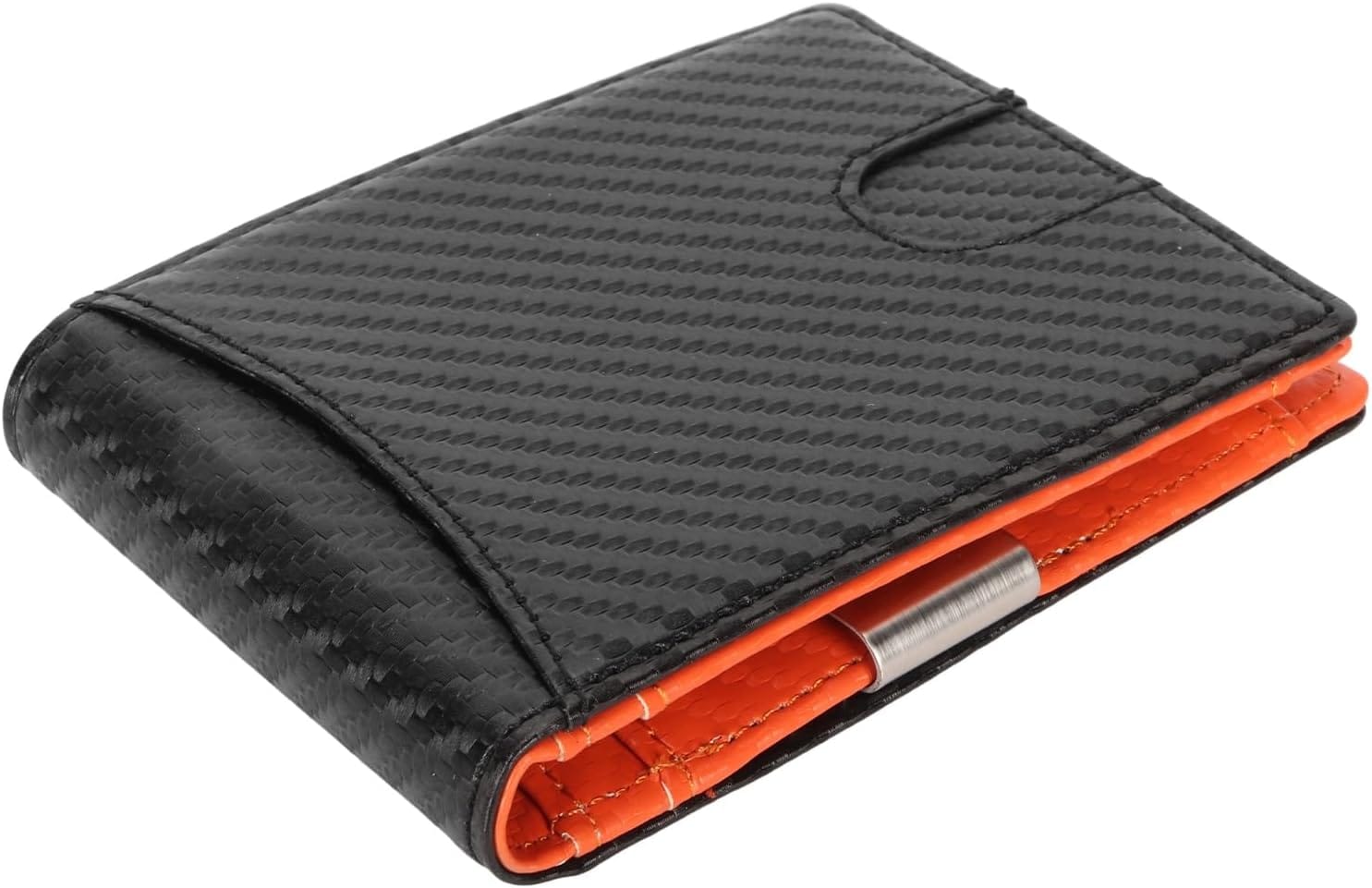 Carteira Masculina Slim Textura Fibra de Carbono com Interior Laranja e Porta-Cartões Externo - Preta - Image 2
