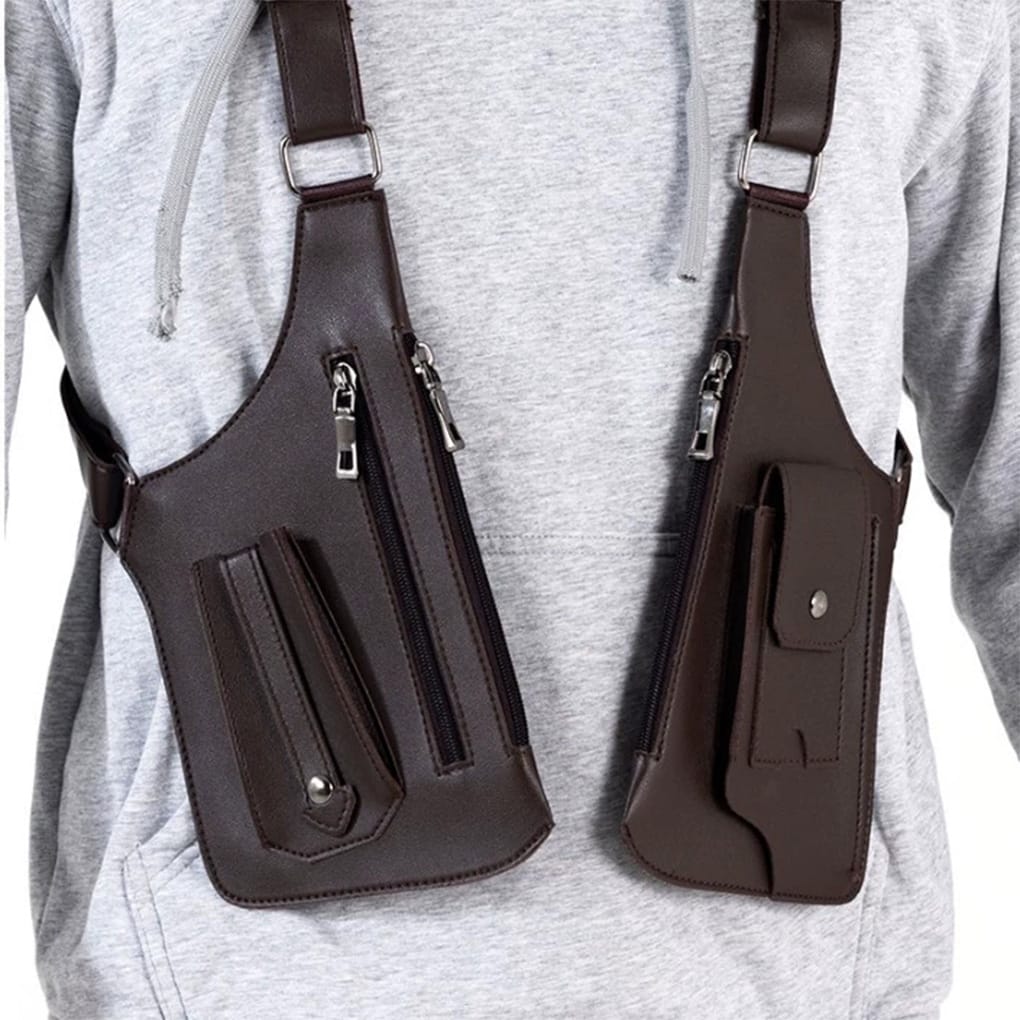 Bolsa Transversal Dupla com Coldre de Axila Masculina em Couro Antifurto - Marrom Escuro - Image 9
