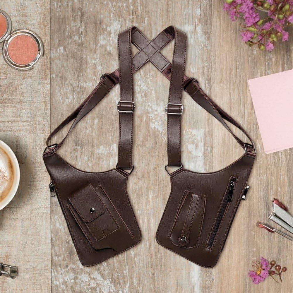 Bolsa Transversal Dupla com Coldre de Axila Masculina em Couro Antifurto - Marrom Escuro - Image 10
