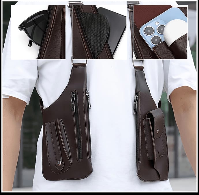 Bolsa Transversal Dupla com Coldre de Axila Masculina em Couro Antifurto - Marrom Escuro - Image 7