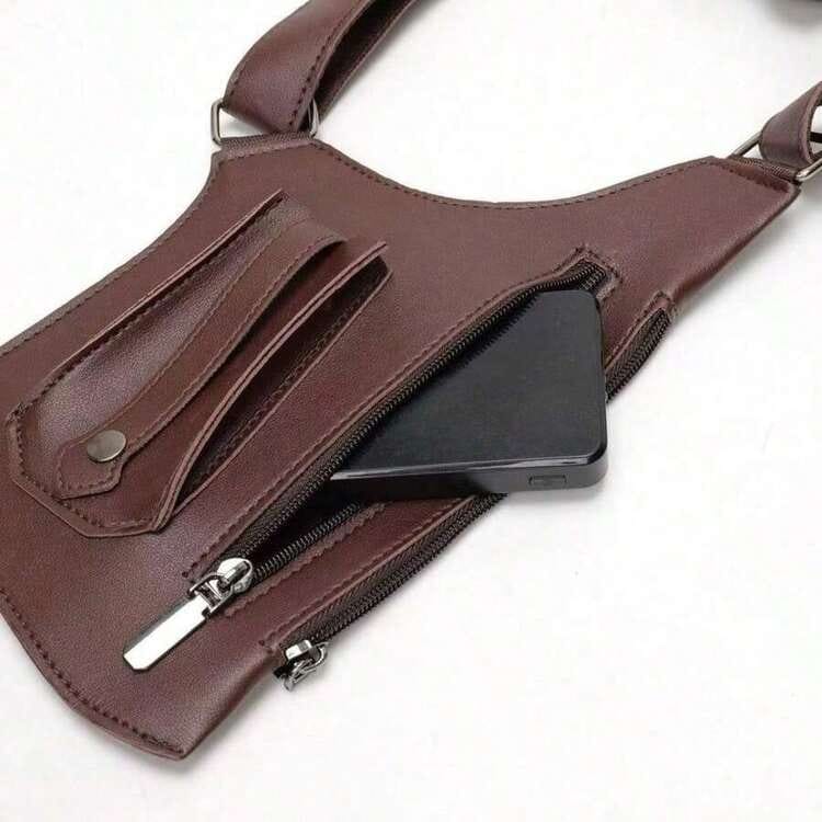 Bolsa Transversal Dupla com Coldre de Axila Masculina em Couro Antifurto - Marrom Escuro - Image 11