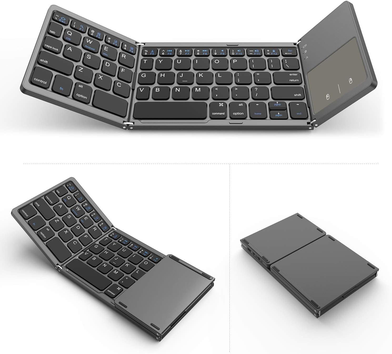 Teclado Dobrável Sem Fio Bluetooth com Touchpad Integrado para Tablet, Celular e Notebook - Cinza Prata