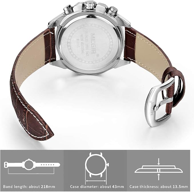 Relógio Masculino Cronógrafo Megir com Bracelete de Couro Castanho - Image 3