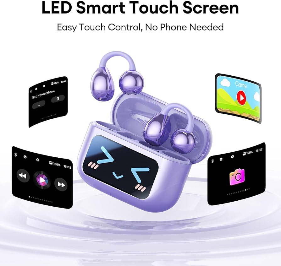 Auscultadores Bluetooth Clip-On TWS com Ecrã Tátil LED na Caixa (Roxo) - Image 2