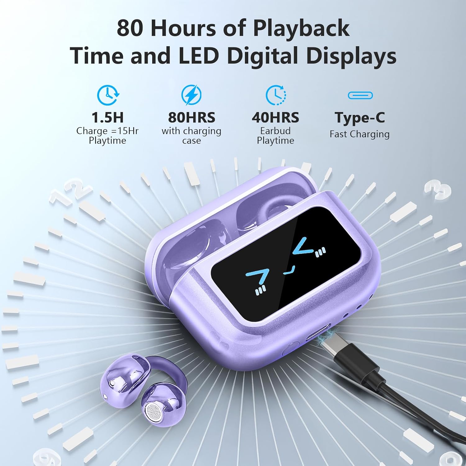 Auscultadores Bluetooth Clip-On TWS com Ecrã Tátil LED na Caixa (Roxo) - Image 5