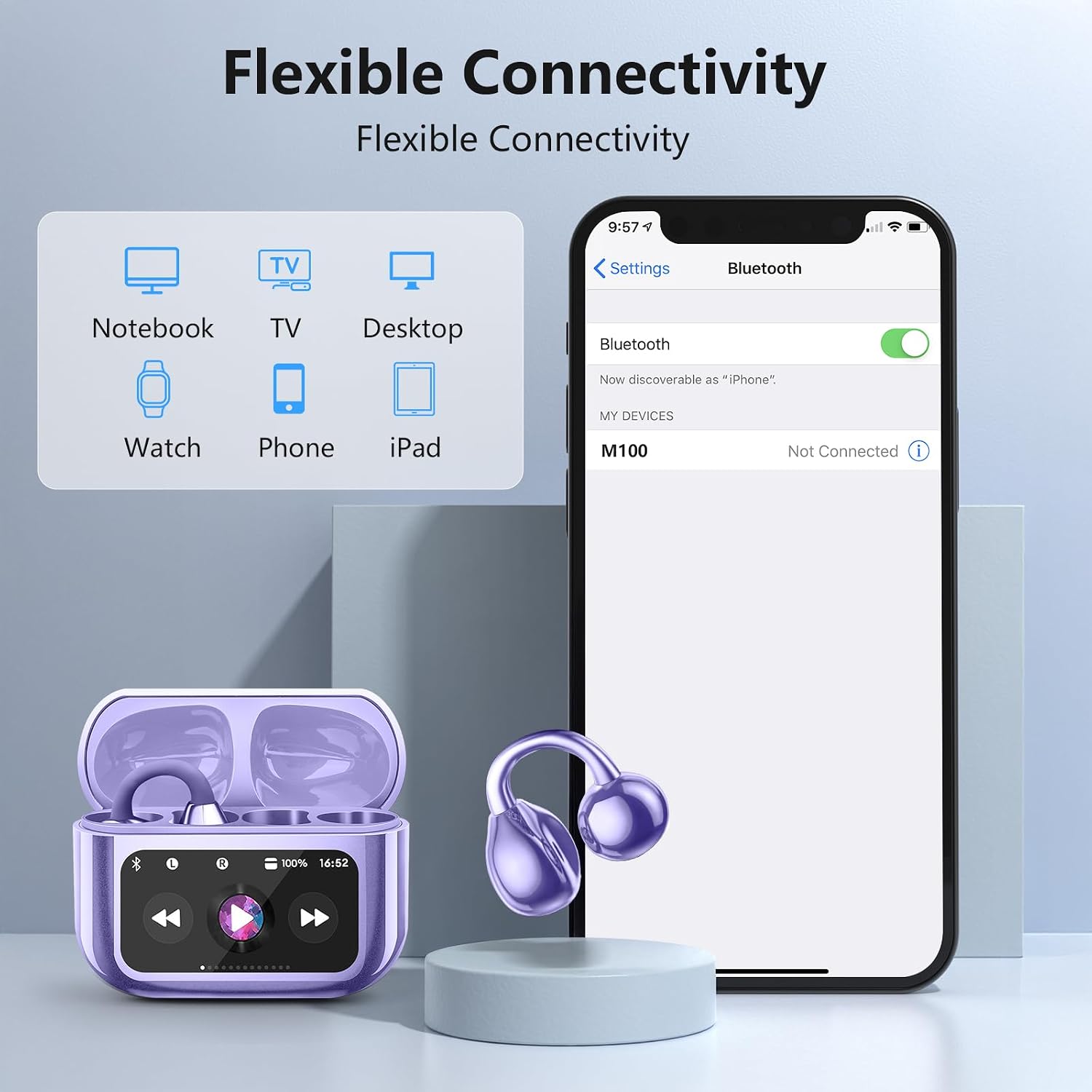 Auscultadores Bluetooth Clip-On TWS com Ecrã Tátil LED na Caixa (Roxo) - Image 4