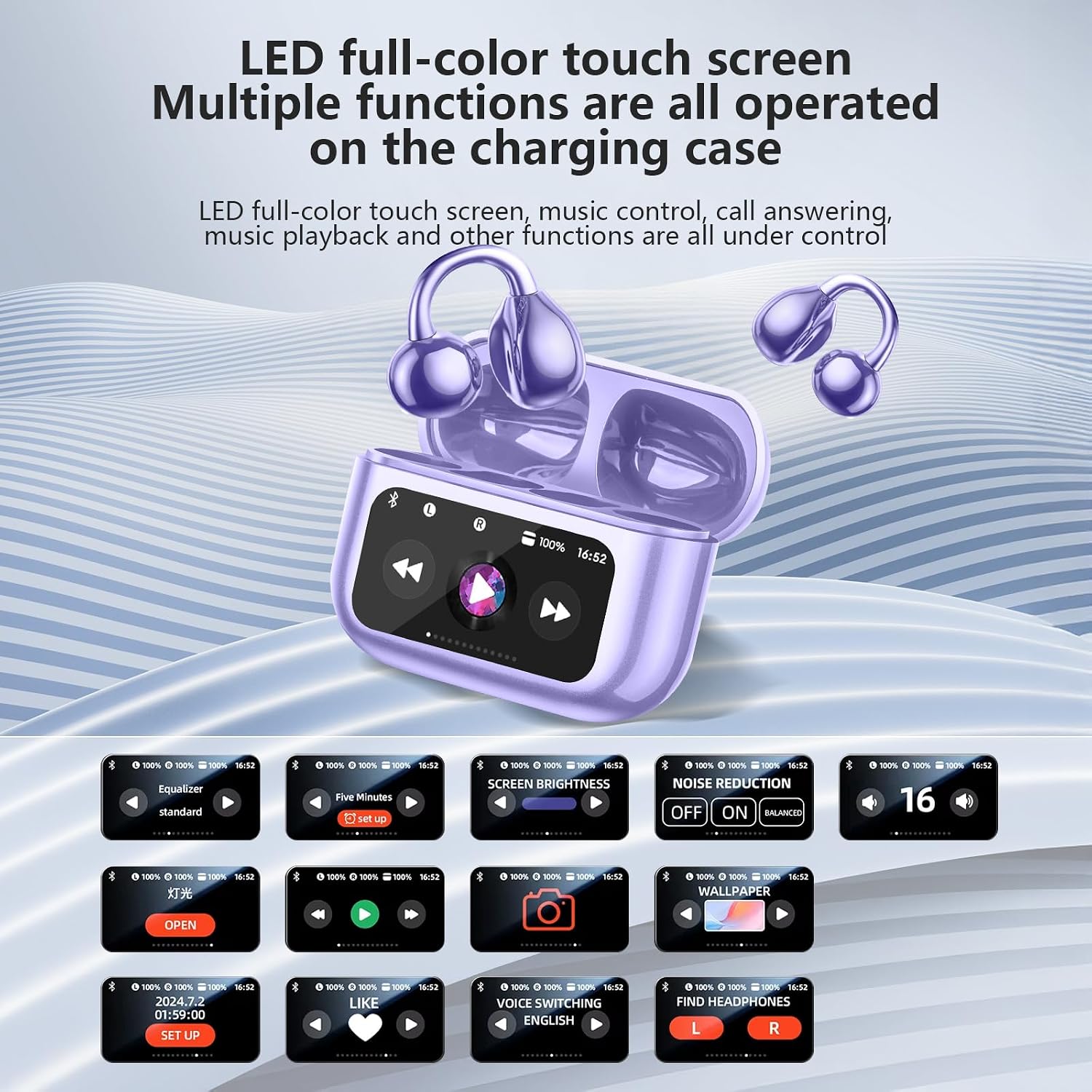 Auscultadores Bluetooth Clip-On TWS com Ecrã Tátil LED na Caixa (Roxo) - Image 3