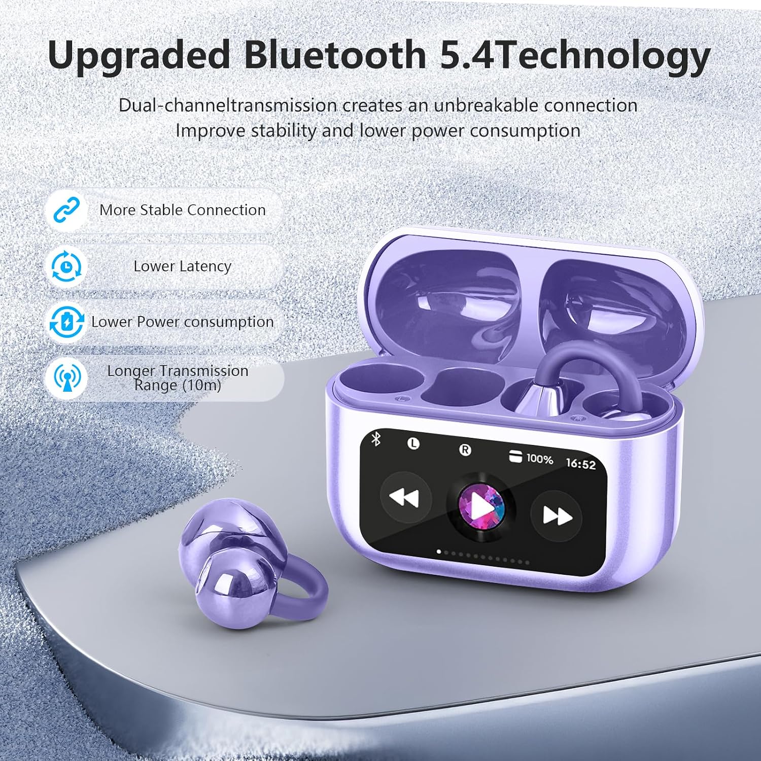 Auscultadores Bluetooth Clip-On TWS com Ecrã Tátil LED na Caixa (Roxo) - Image 6