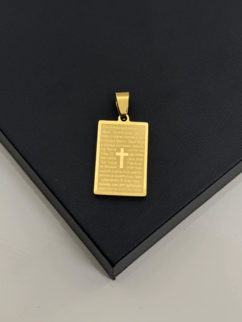 Colar Corrente com Pingente Placa Oração do Pai Nosso e Cruz em Aço Inoxidável Banhado a Ouro – Medalha Religiosa de Proteção e Fé - Image 2