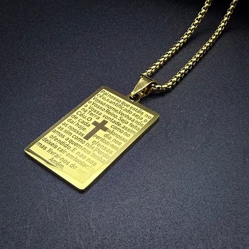 Colar Corrente com Pingente Placa Oração do Pai Nosso e Cruz em Aço Inoxidável Banhado a Ouro – Medalha Religiosa de Proteção e Fé - Image 4