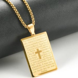 Colar Corrente com Pingente Placa Oração do Pai Nosso e Cruz em Aço Inoxidável Banhado a Ouro – Medalha Religiosa de Proteção e Fé