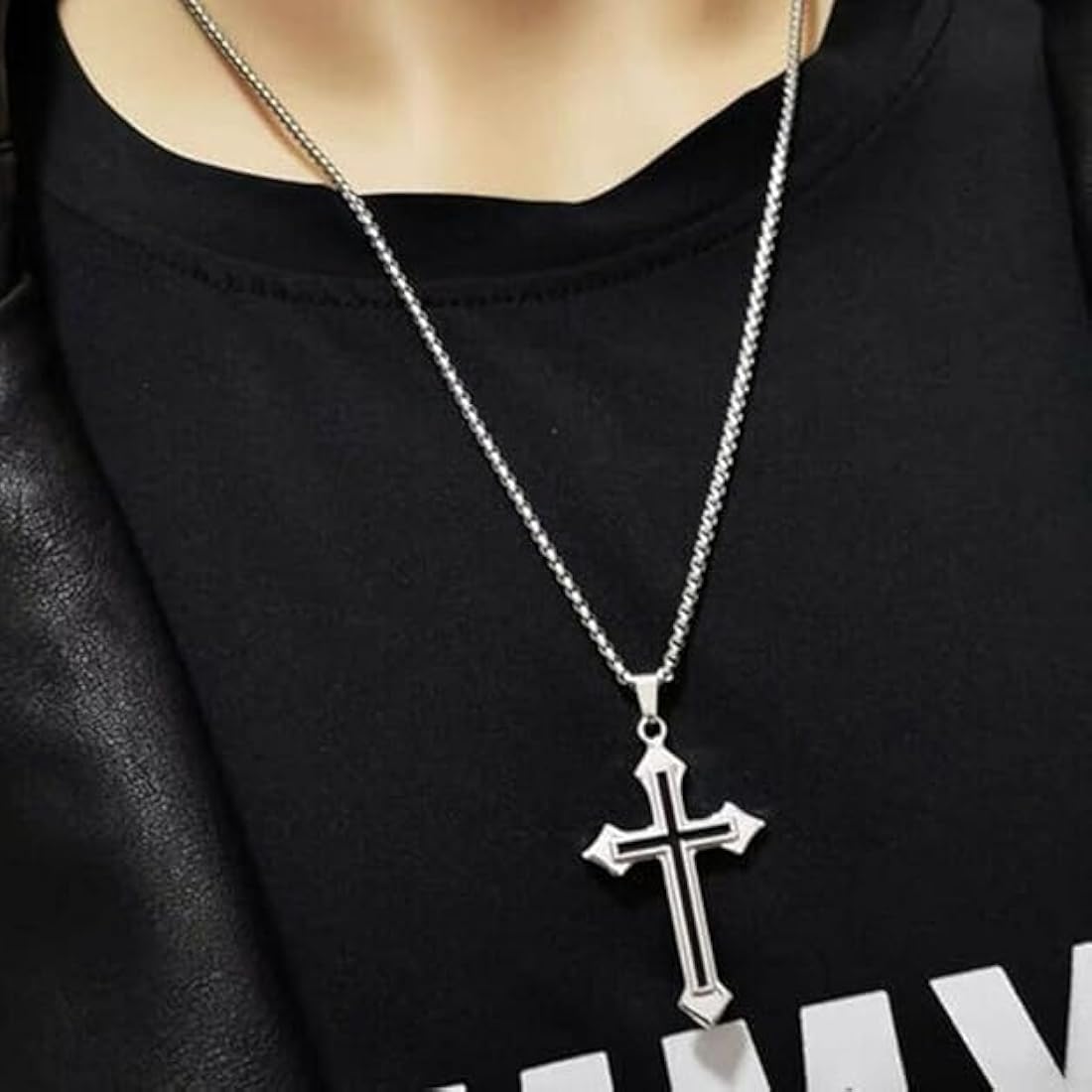 Colar Masculino Corrente Grumet com Pingente Cruz Dupla em Aço Inoxidável Prateado e Preto – Joia Religiosa de Proteção e Estilo Gótico/Moderno - Image 3