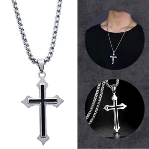 Colar Masculino Corrente Grumet com Pingente Cruz Dupla em Aço Inoxidável Prateado e Preto – Joia Religiosa de Proteção e Estilo Gótico/Moderno
