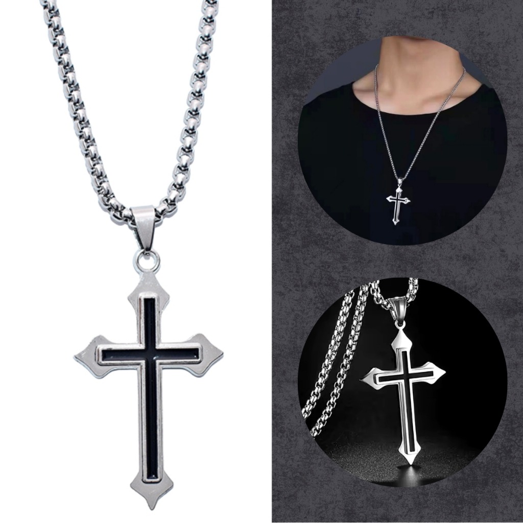 Colar Masculino Corrente Grumet com Pingente Cruz Dupla em Aço Inoxidável Prateado e Preto – Joia Religiosa de Proteção e Estilo Gótico/Moderno