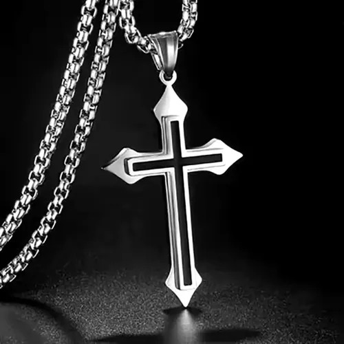 Colar Masculino Corrente Grumet com Pingente Cruz Dupla em Aço Inoxidável Prateado e Preto – Joia Religiosa de Proteção e Estilo Gótico/Moderno - Image 4