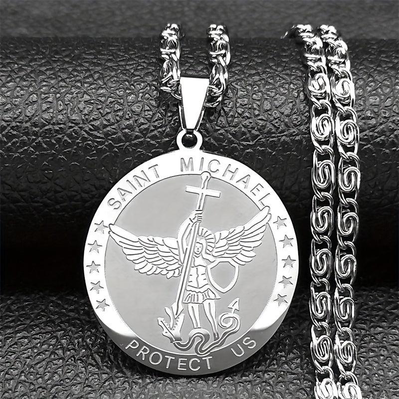 Colar Masculino Corrente de Aço Inoxidável Prateado com Medalha São Miguel Arcanjo (Saint Michael Protect Us) – Joia Religiosa de Proteção e Fé