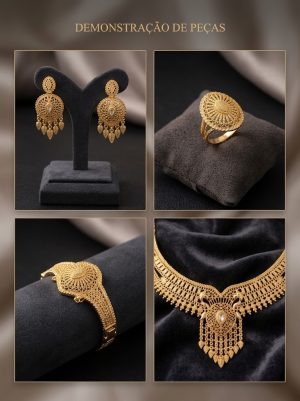 Conjunto de Joias Femininas Luxo 4 Peças Banhado a Ouro Trabalhado em Filigrana Indiana/Árabe – Colar Gargantilha, Pulseira, Anel e Brincos Pendentes para Festas e Casamentos
