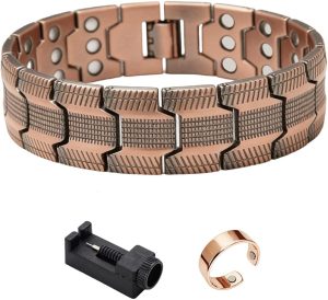 Pulseira Masculina Magnética Terapêutica em Cobre Puro com Íons e Ímãs Neodímio – Bracelete Bioenergético Ajustável de Alta Performance